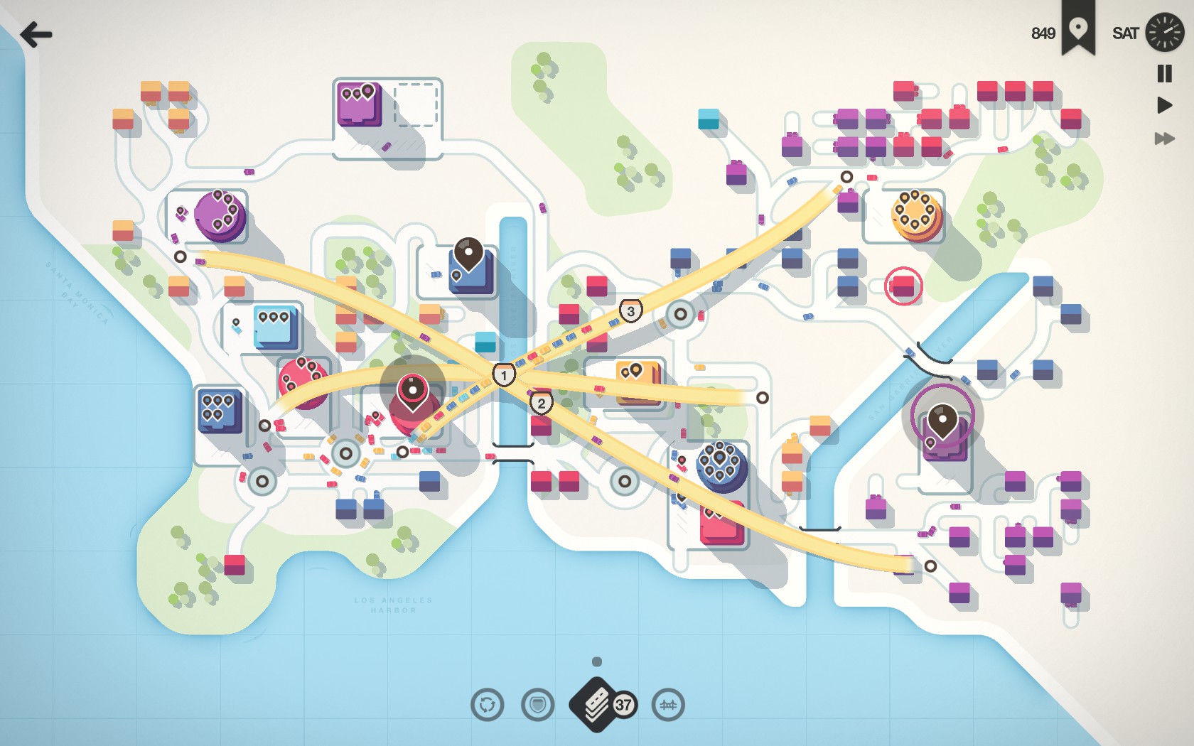 Image: An end-game map. Note the motorways make it impossible to see the roads underneath them. I have given up by this point; look at all that traffic on onramp 3 and the timers counting down on multiple buildings. The end is nigh. (mini-motorways-endgame.jpg)