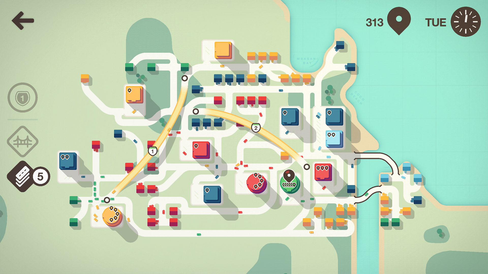 Image: A large city in Mini Motorways. Note the colour-coded suburbs scattered around the map. (mini-motorways-large-city.jpg)