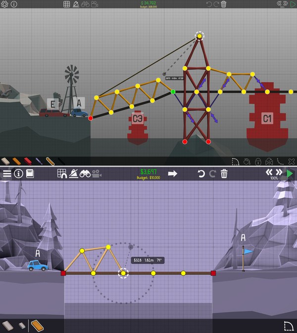 Image: Comparison of the original <i>Poly Bridge</i> (top) and its sequel (bottom). (poly-bridge-comparison.jpg)